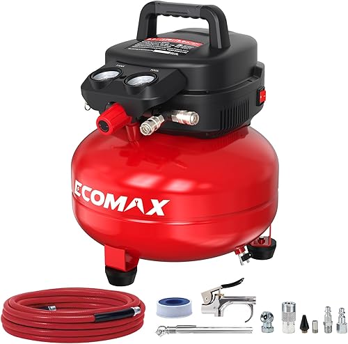ECOMAX Compresor de aire de 6 galones 175 PSI Pancake tanque portátil sin aceite con kit de accesorios de 10 piezas