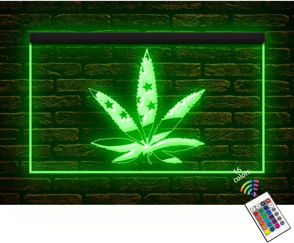 220027 Marijuana Hemp Leaf US Flag Shop Store Display LED Night Light Neon Sign (16" X 12", Yellow)