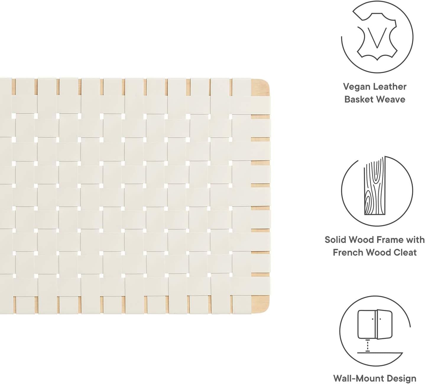 Icons illustrating vegan leather basket weave, solid wood frame with French wood cleat, and wall-mount design.