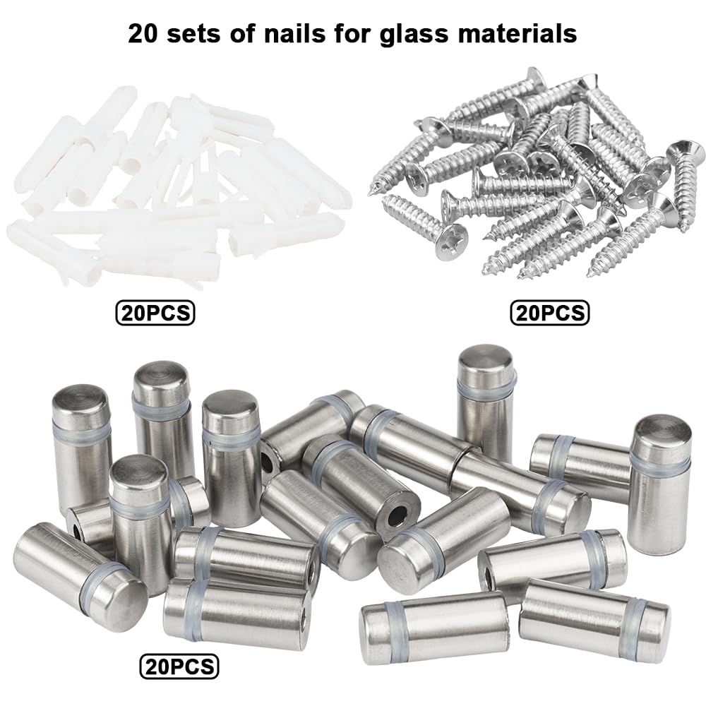 Lot De 20 Entretoises Murales En Acier Inoxydable - Avec Vis Publicitaire - 12 X 20 Mm - Vis Publicitaire - Pour Verre, Miroir, Acrylique, Poster, Cadre Photo