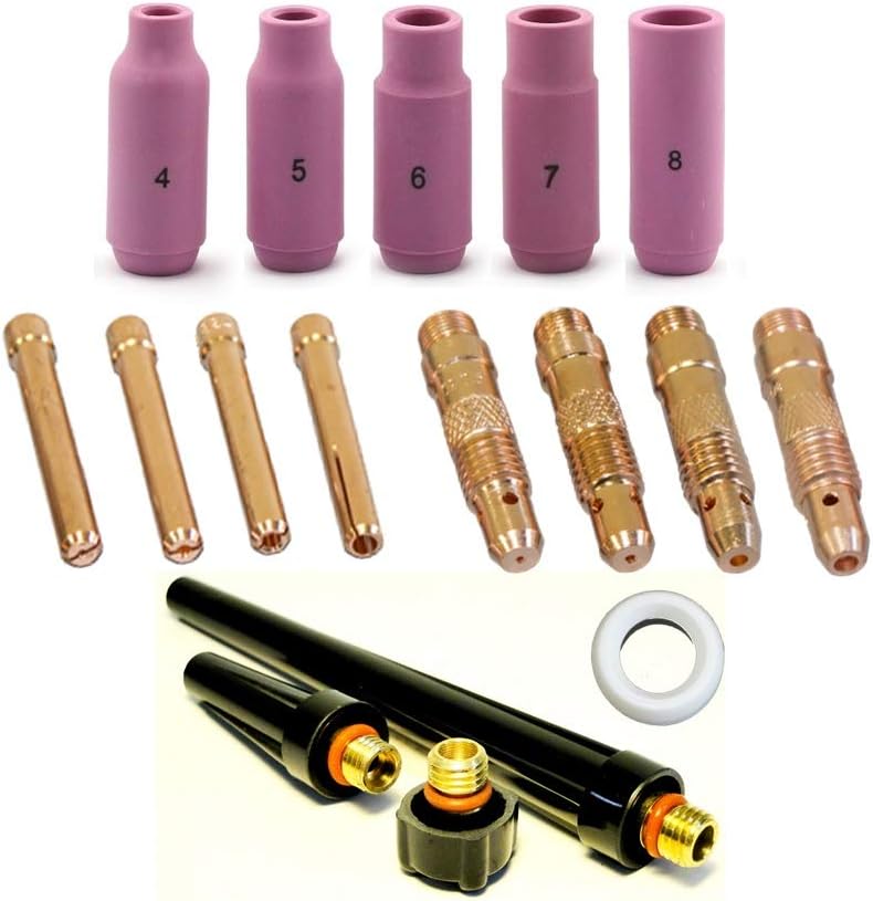 WeldingCity TIG Welding Accessory Kit (.040"-1/16"-3/32"-1/8") Collet-Collet Body-Ceramic Cup-Gasket-Back Cap for Torch 17, 18 and 26 Series Lincoln Miller Hobart ESAB Weldcraft CK AHP (T20)