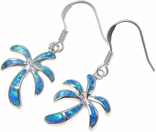 Miniatura 2 de Pendientes de gancho de alambre de palmera hawaiana de plata de ley 925 maciza con incrustaciones de ópalo sintético, Piedra Ópalo simulado, Ópalo