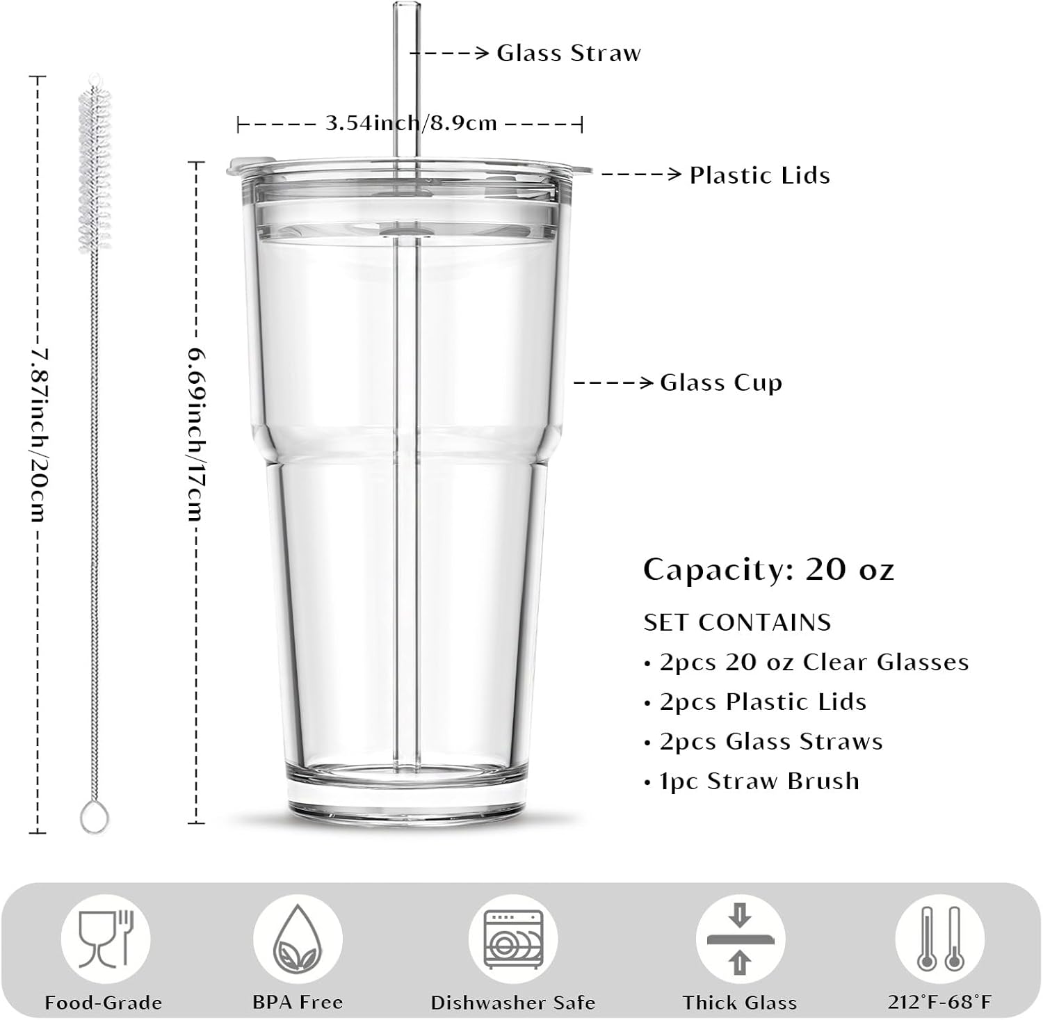 INSETLAN 20oz Clear Glass Cup with Lid and Glass Straw, Set of 2 Thickened Glass Coffee Tumblers, Drinking Glasses with Straw for Smoothie, Tea, Milk, Whiskey, Water and More – Elegant & Durable