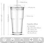 INSETLAN 20oz Coupe en verre clair avec lis et paille de verre, ensemble de 2 Gobelets en verre épais, verres à boire avec paille pour smoothie, thé, lait, whisky, eau et plus – Élégant & Durable