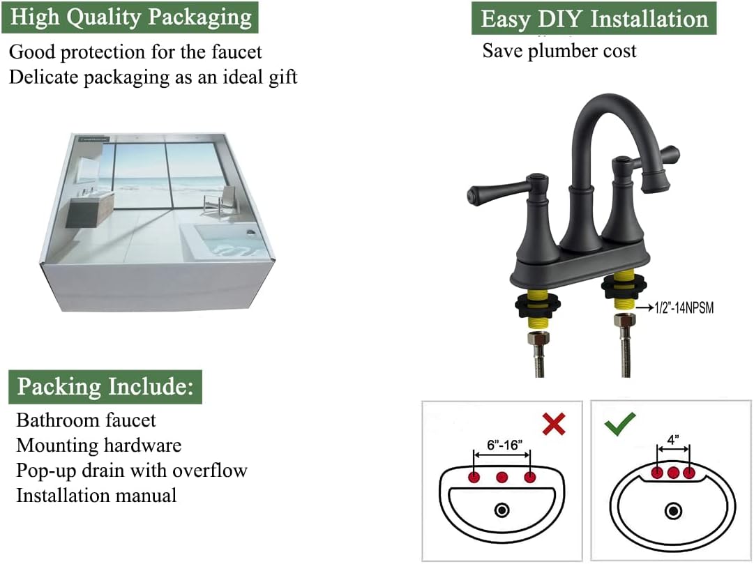 Matte Black 8 inch Widespread Bathroom Sink Faucet, 4 Inch Two Handle Centerset Bathroom Faucet for Sink 3 Holes with Pop up Drain, TAF830Y067Y-MB