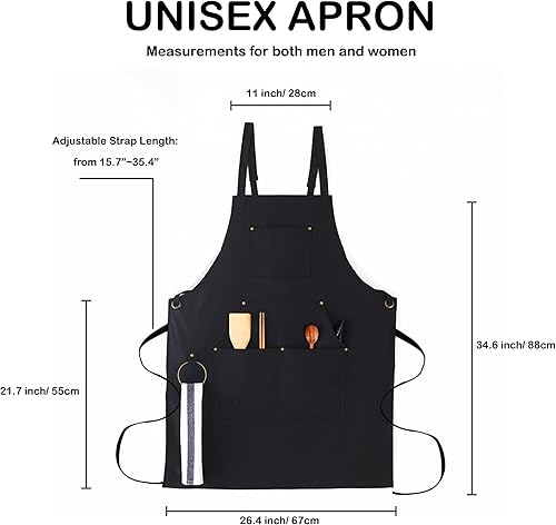 Miniatura 2 de Delantal de chef de lona, delantal con espalda cruzada para hombres y mujeres con correas ajustables, lazo de metal y bolsillos grandes, color