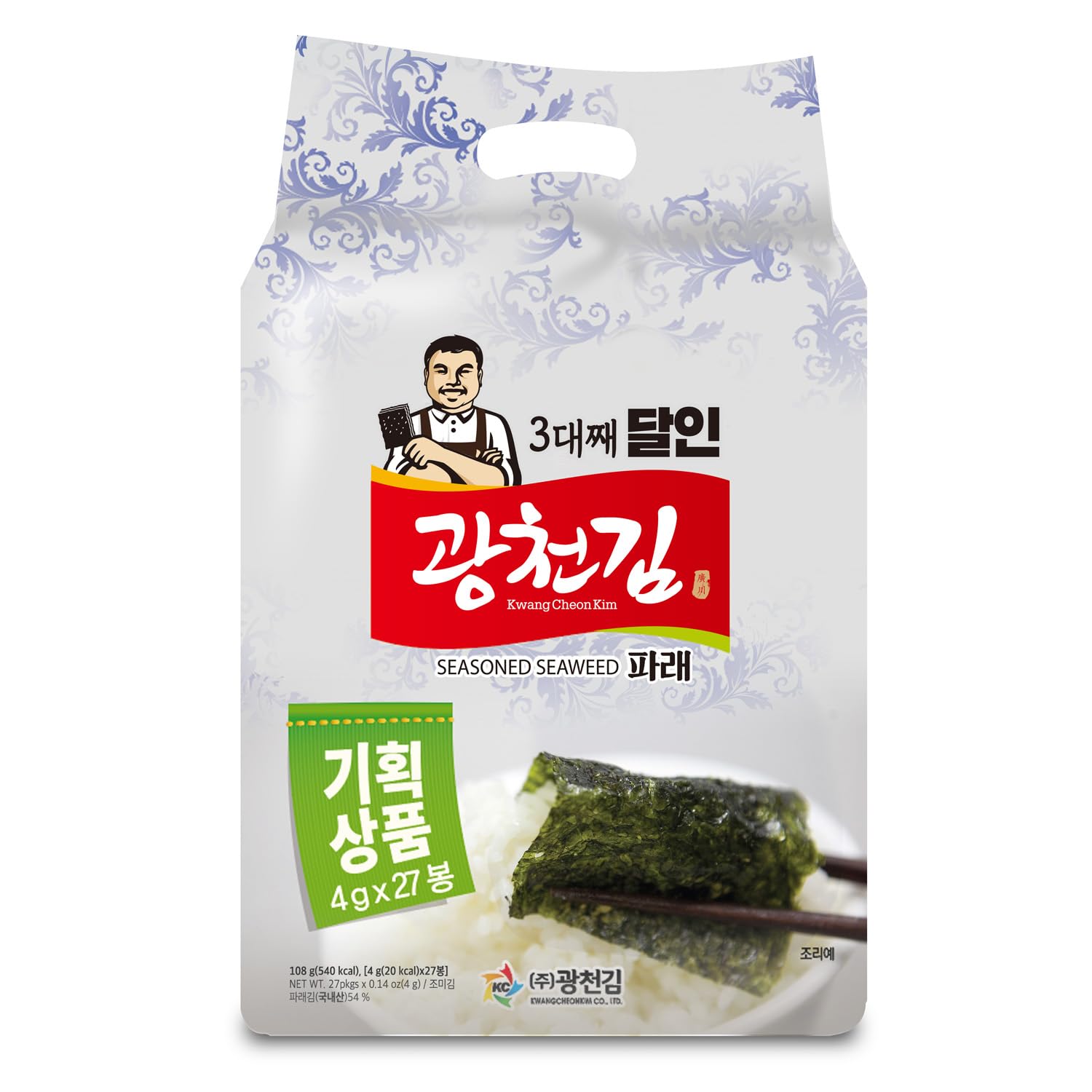 Kwangcheonkim Seasoned Seaweed Snacks Sheets – 27 Individual Packs Roasted Premium Natural Laver 4g x 27 Pack Net 108 Grams 김 のり 海苔 紫菜