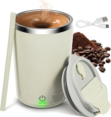 Taza de café autoagitable: taza magnética de 13 onzas con tapa, taza mezcladora eléctrica de acero inoxidable recargable con popote de silicona para