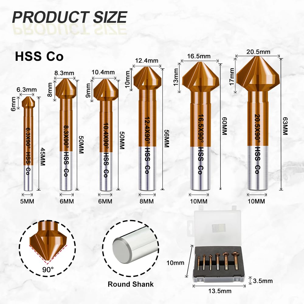 Fraise à Chanfreiner HSS - Cobalt Plaqué Fraise à Noyer Foret à Fraiser Métal pour Acier Inoxydable Fer Aluminium Cuivre Bois 6 pièces (6,3/8,3/10,4/12,4/16,5/20,5mm), Tige Ronde