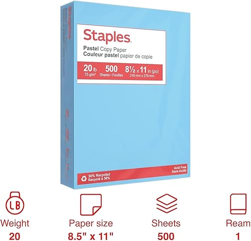 Vista 2 de Staples Papel de copia de color pastel, 30% reciclado, 8.5 x 11 pulgadas, 20 libras, paquete de 500 hojas, azul