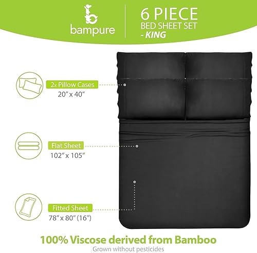 Vista 200 de BAMPURE - Juego de sábanas de 100 % viscosa de bambú, refrescantes, suaves, bolsillo profundo de hasta 16 pulgadas, 1 sábana encimera, 1 sábana Gris
