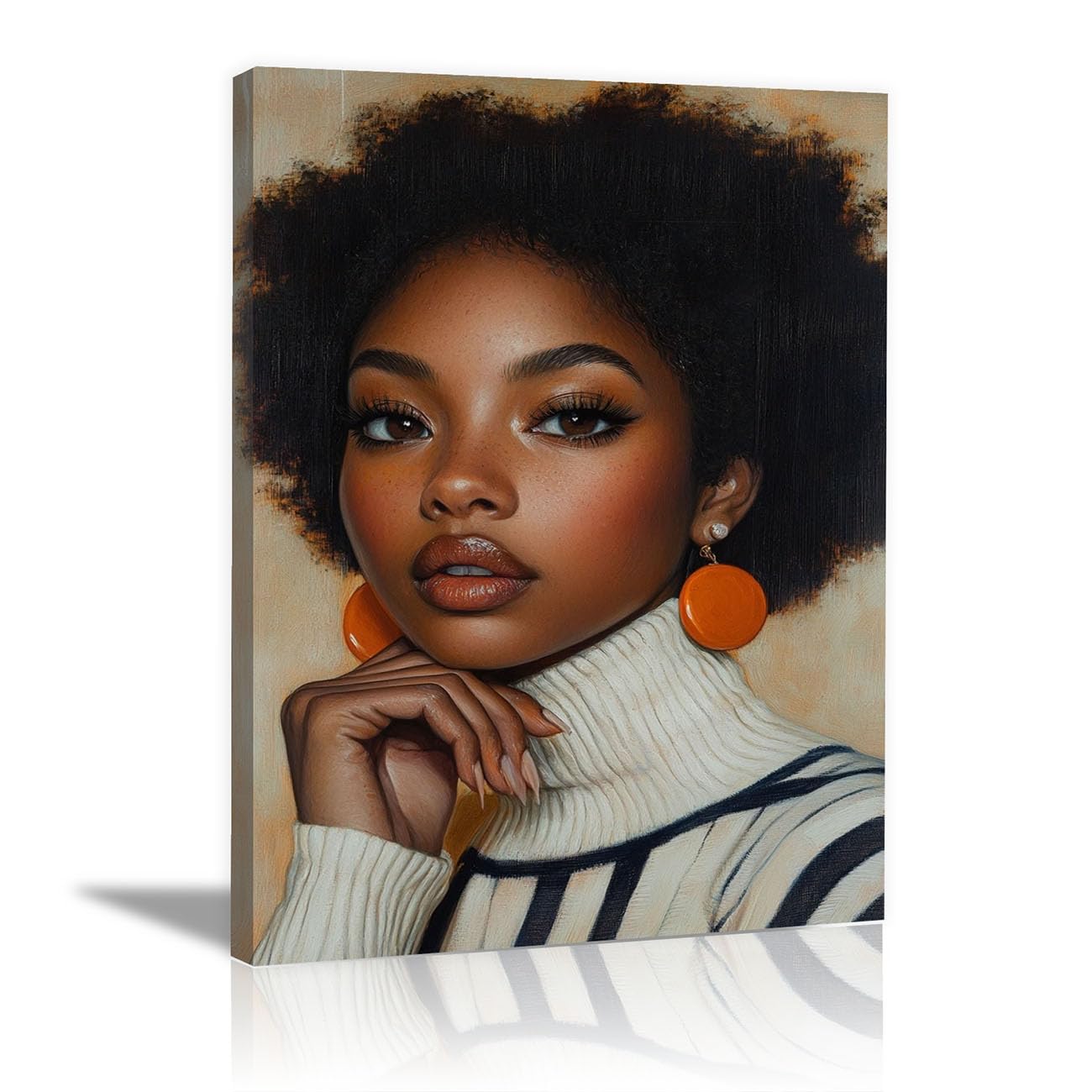 QUSAAOU Wall Decor Paintings Afro Woman Orange Earrings landscape Portrait Minimalista Modern Home Decoration Paintings Suitable Living Rooms Bedrooms Already Framed Ready Hang(beige)-30x45cm1 Framed