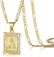 KissYan 14K Gold Plated Initial Letter Necklace for Women Men - Square Monogram A-Z Pendant Figaro Chain Jewelry