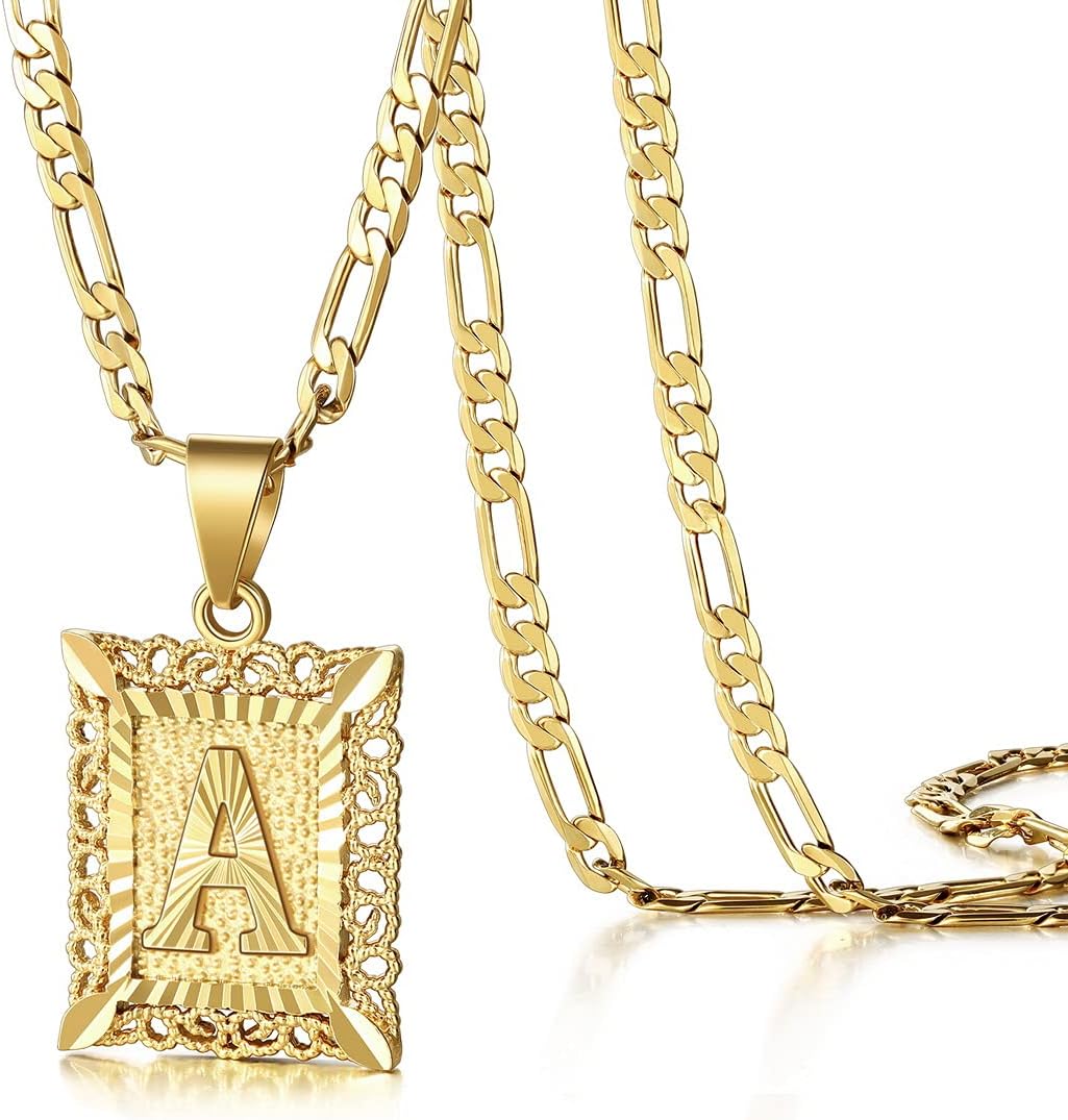KissYan Letter Initial Pendant Necklace for Men Women, 18K Gold Plated Square Capital Monogram Necklace Alhpabets by A-Z Figaro Chain Necklace