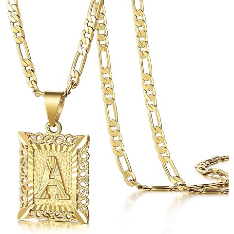 KissYan Initial Letter Pendant Necklace for Men Women, 14K Gold Plated Square Capital Monogram Necklace Alphabets from A-Z Figaro Chain Jewelry