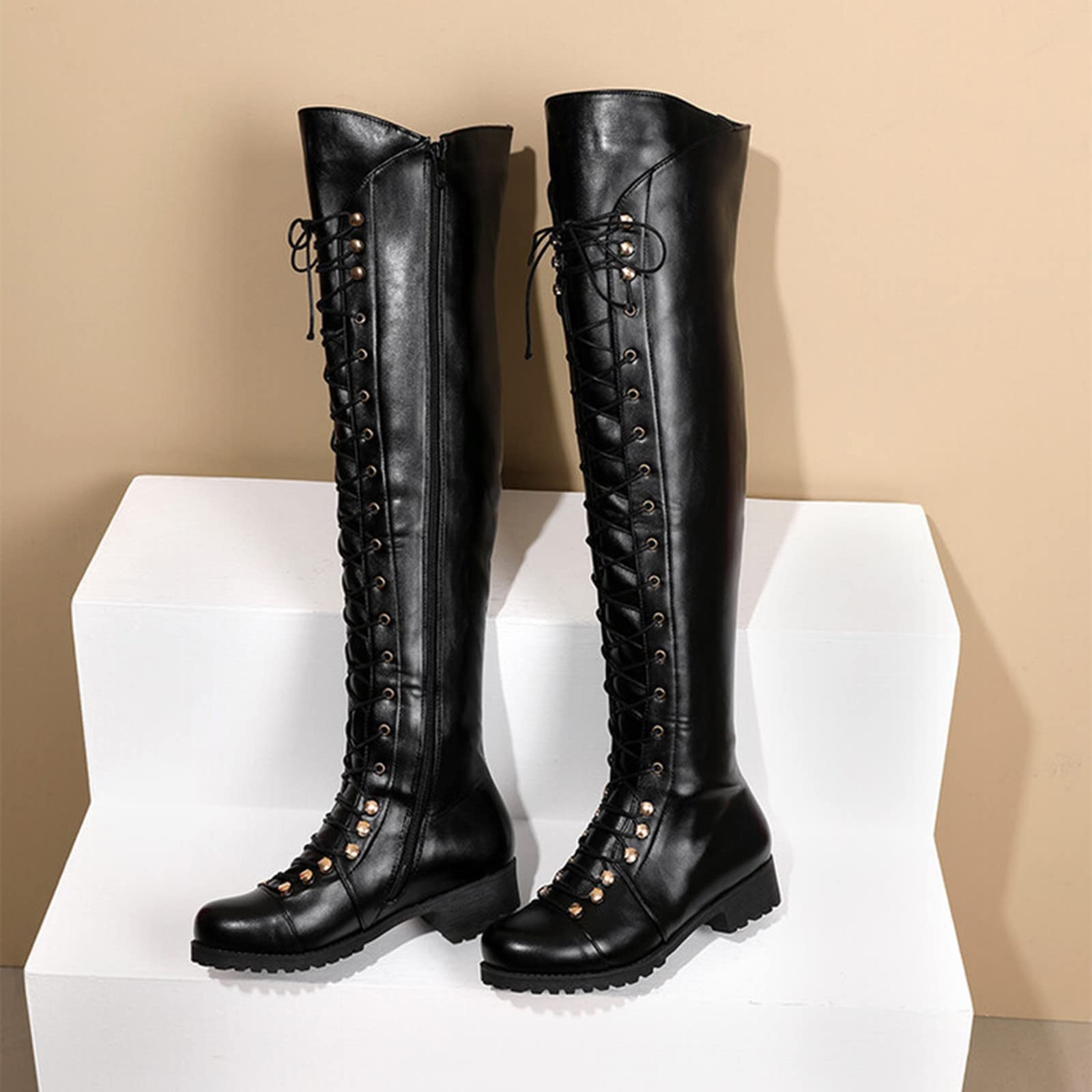 Botas Militares Mujer Altas - Botas Con Cordones Mujer Punta Redonda Moda Retro Hasta La Rodilla Bota Tacones Bajos Clásicas Sólido Cremallera Lateral Cómodas Salvaje Otoño Invierno Casual Bota