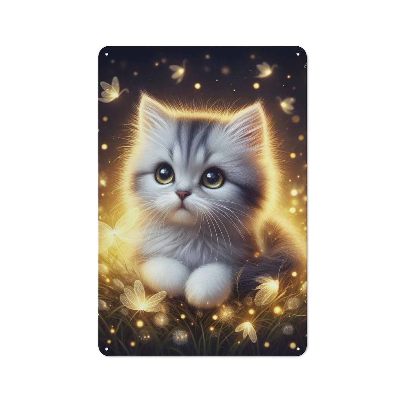 Junmoney Cute Kitten With Fireflies Retro-Style Tin Sign 30X20cm For Hobby Room Or Studio, For Home Interiors, Feature Walls And Decorative Displays