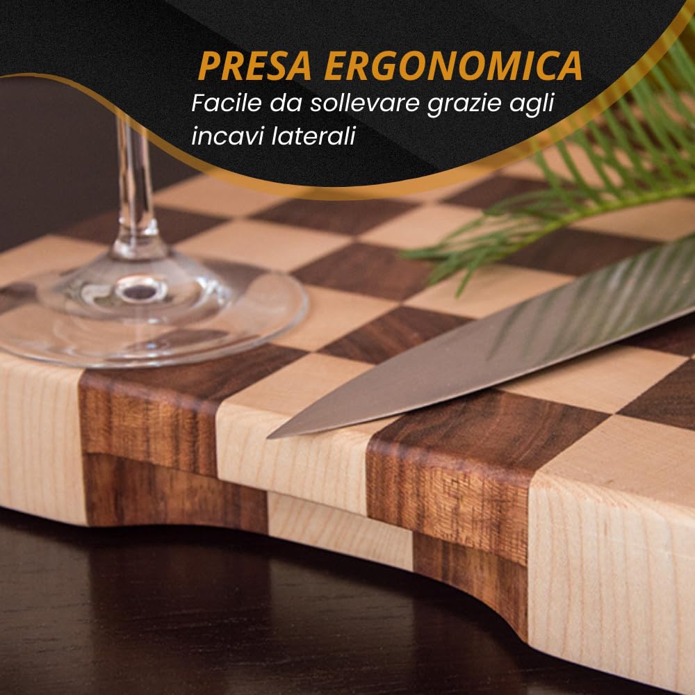 Arte del Legno, Tagliere da Cucina in Legno Professionale dim. 40x40xh4.5- con Venatura a Scacchi, Tagliere Massello di Acero e Mogano con Olio Naturale - Stabile e Antiscivolo