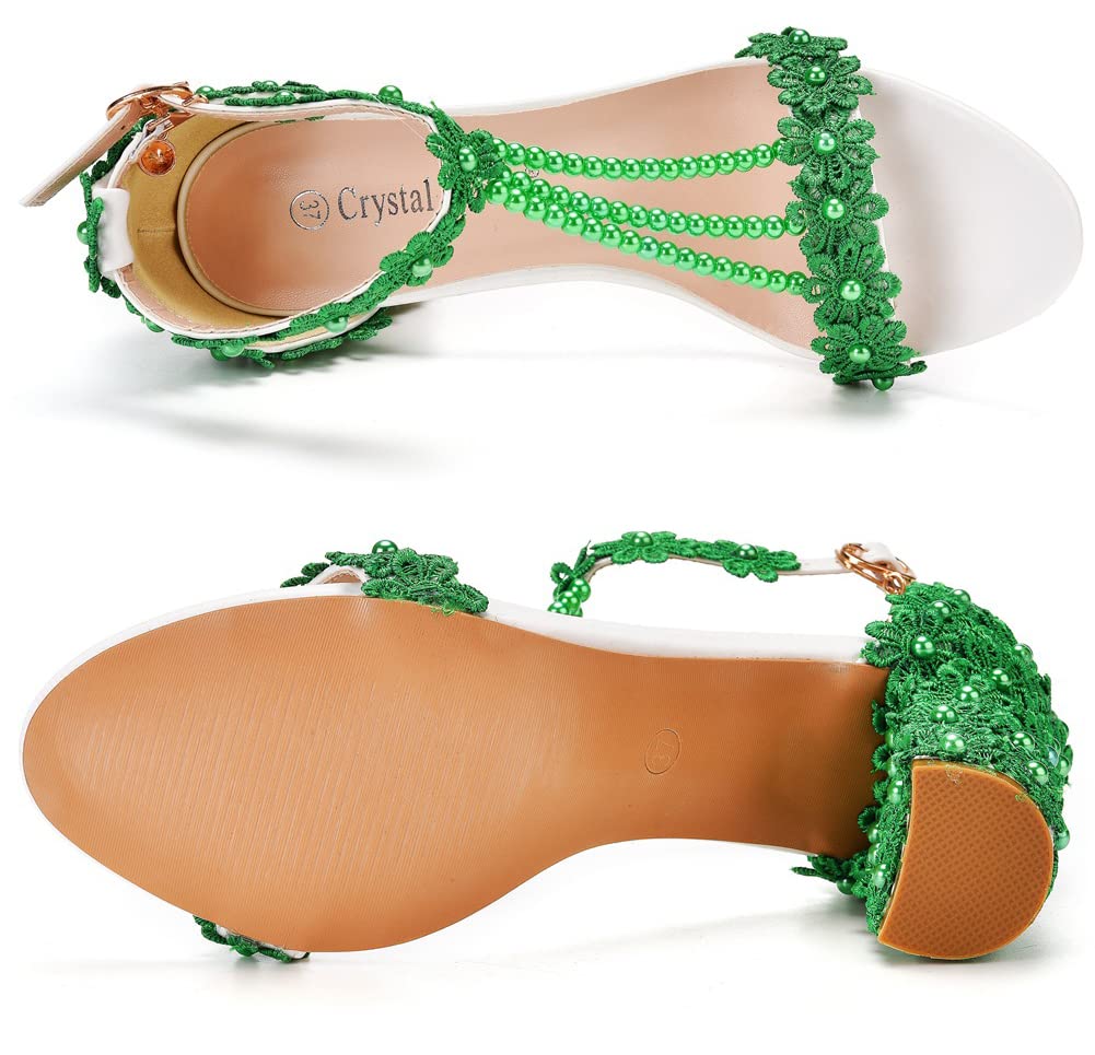 Donne Sandali con Tacco, Sexy Perline Ricamate da 7 cm Sandalo quadrate Sandalo Estate Scarpe da Sposa Scarpe Elementi,Verde,36.5 EU