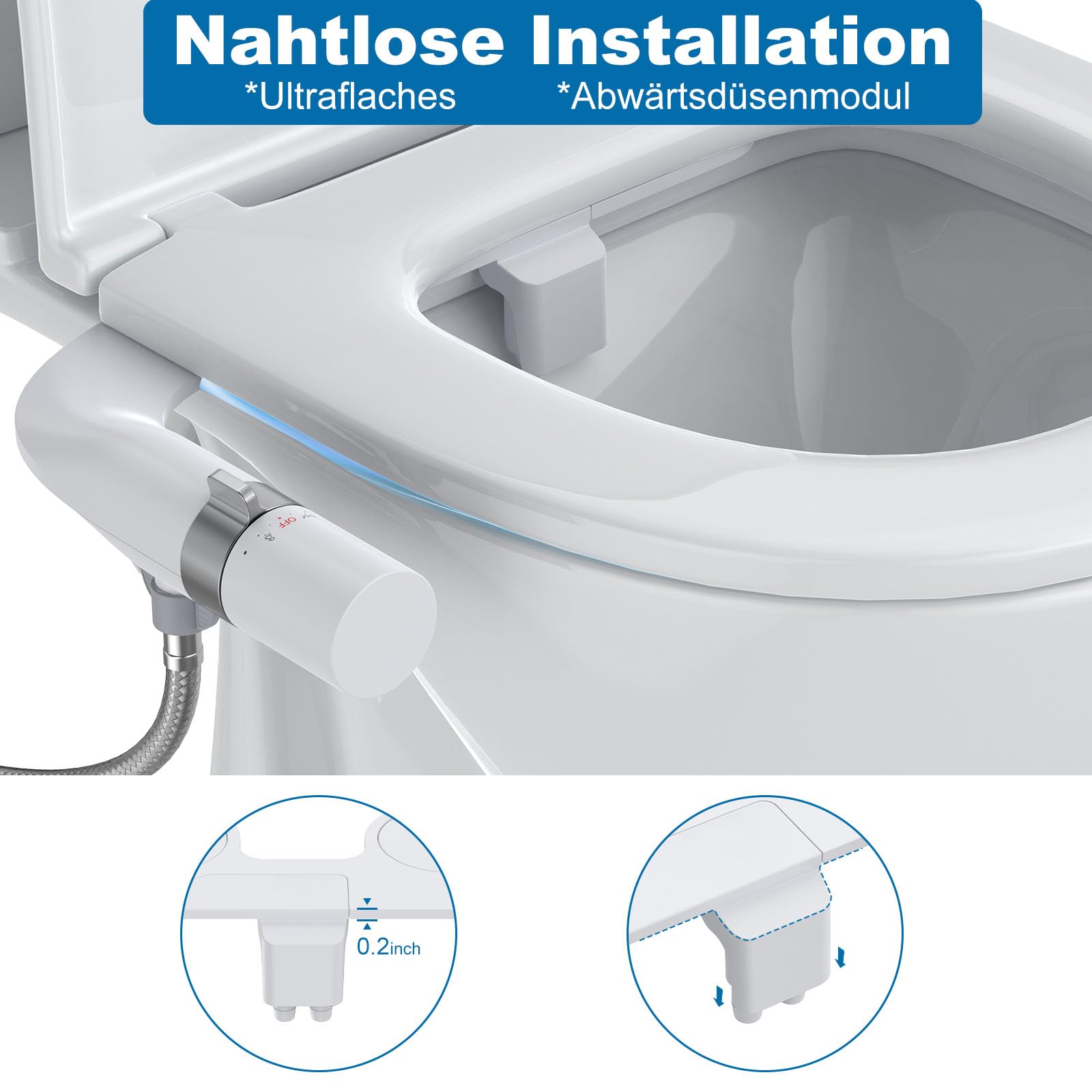 Bidet Aufsatz, Ultra-Slim Bidet Einsatz für Toilette mit Nicht Elektrischer Selbstreinigender Doppeldüse (Hintere/Weibliche Reinigung), Einstellbarer Wasserdruck, Weiß