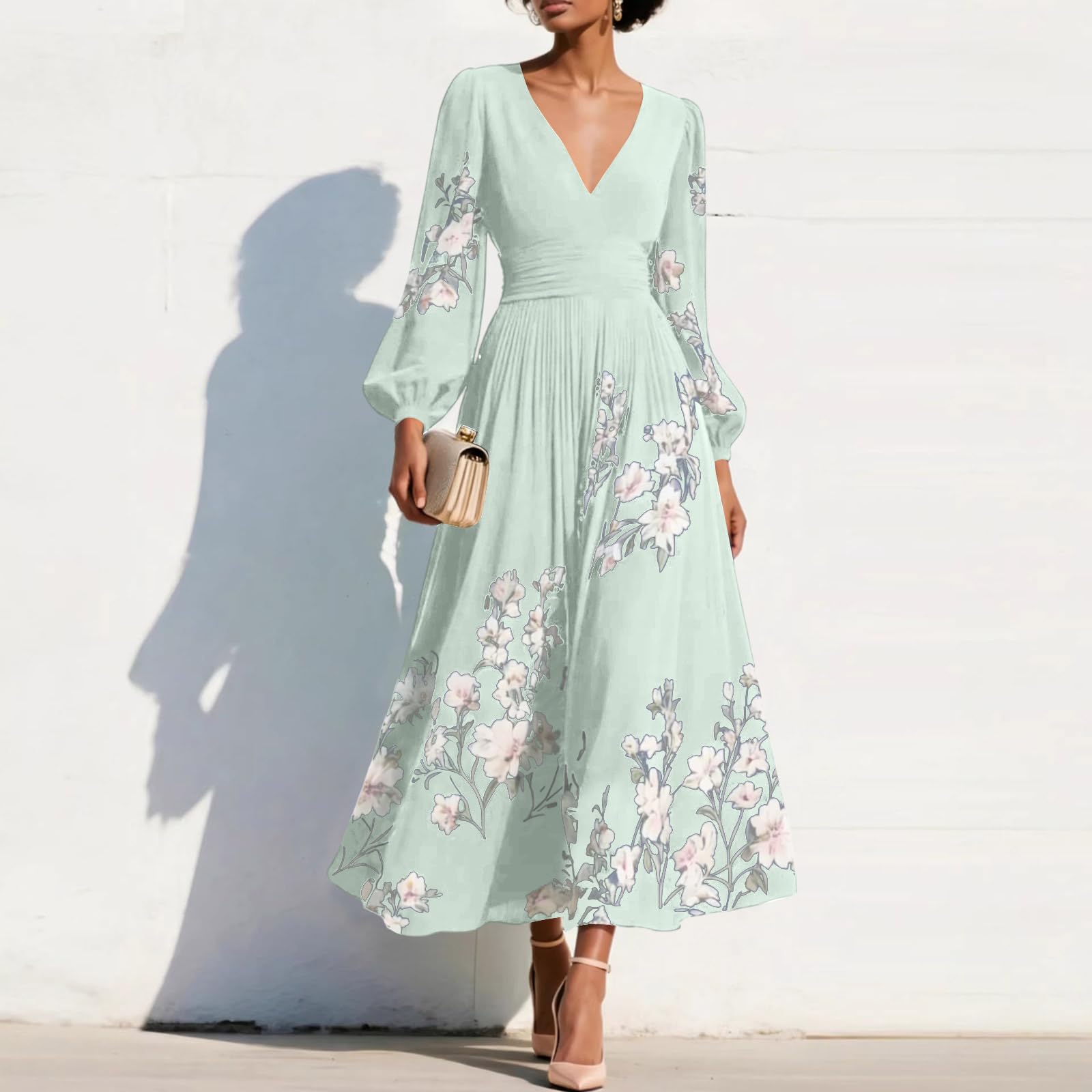 Chiffonkleid Damen Festlich Abendkleider Elegant für Hochzeit Outfit Konfirmation Cocktailkleid Lange Ärmel Gast Kleider Lang Plisseekleid A Linie Brautjungfernkleid V Ausschnitt Wickelkleid