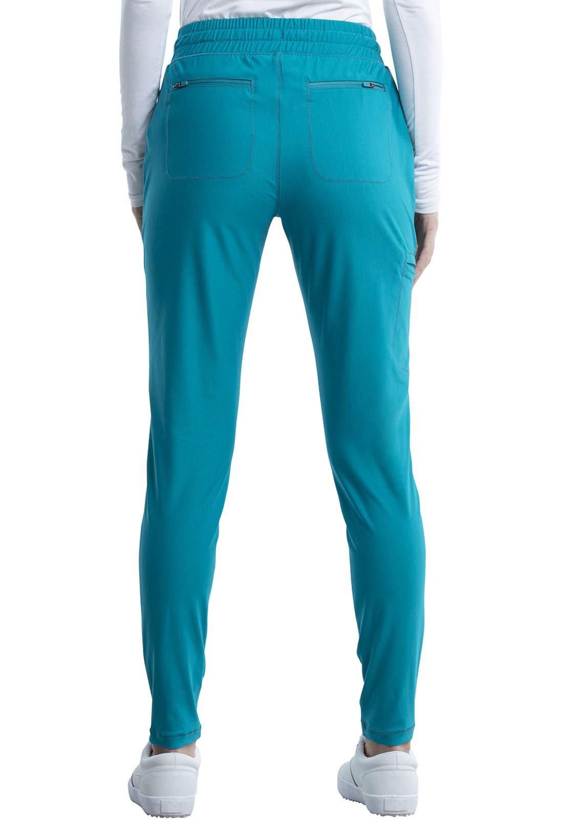 Cherokee Conjunto de uniforme médico para mujer, 7 bolsillos, cuello en V, dobladillo curvado CK840 y pantalón de pierna cónica de tiro medio CK095, azul caribeño, parte superior XXS y pantalón XS