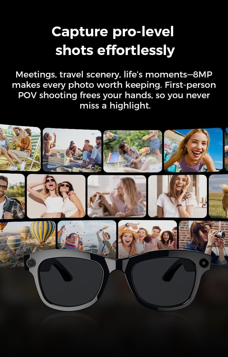 AI Smart Glasses with 8MP HD Camera –Continuous 1200P Video Recording， Real-Time Voice Translation (100+ Languages), AI Object Recognition & Q&A, Open-Ear Bluetooth Music, Travel and Sports