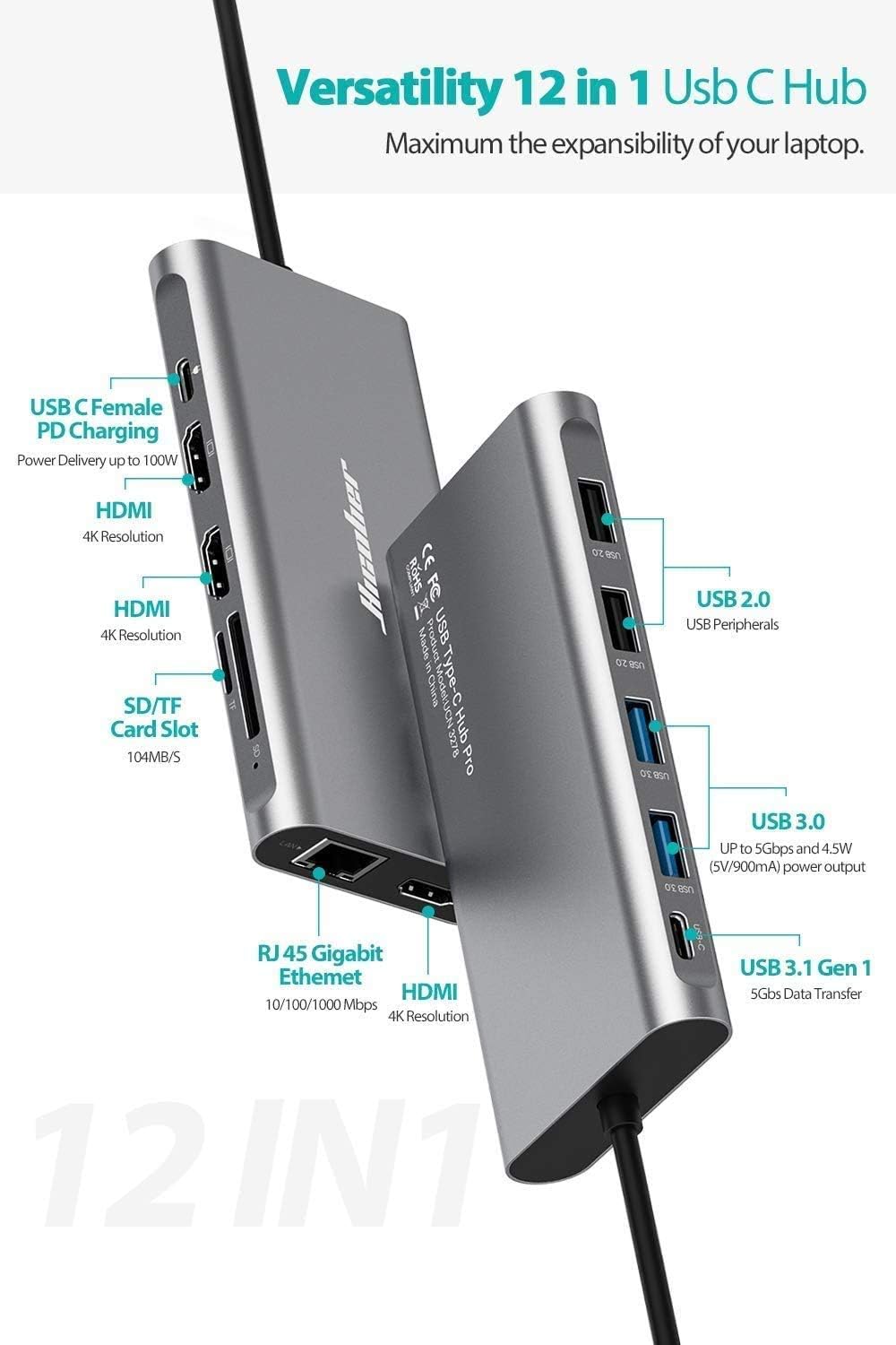 USB C Docking Station,Hicober Laptop Docking Station,12 in 1 Triple Display USB C Hub Multiport Dongle for Thunderbolt 3 Windows and MacBook (3HDMI 100W PD SD/TF Card Reader Gigabit Ethernet 4USB)