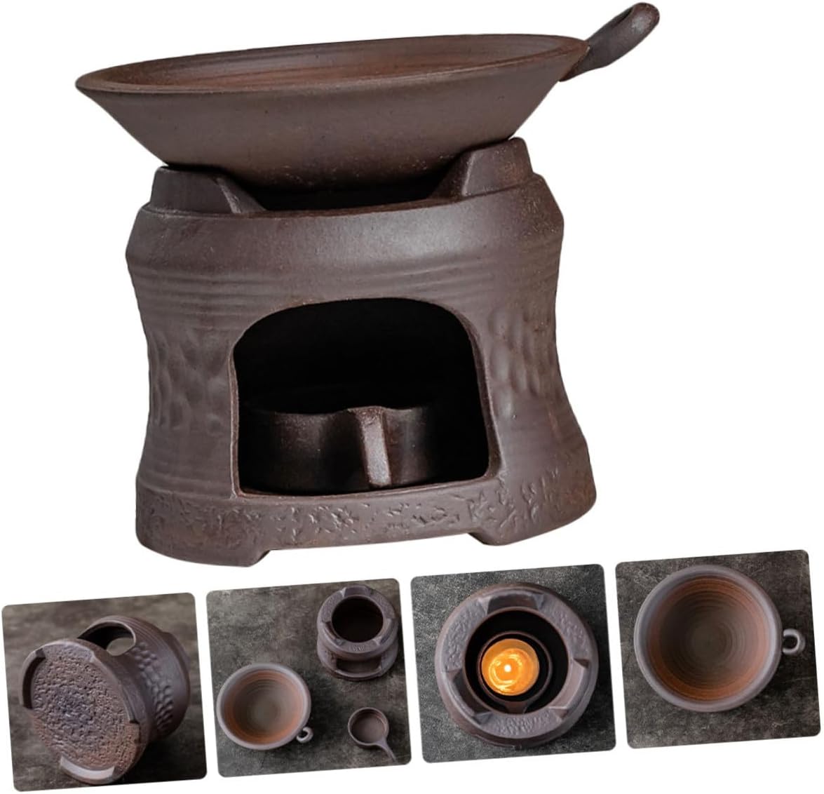 Ceramic Teapot Warmer Brown Tea Stove Holder with Candle Holder Non-Slip Base Tea Heater for Brewing