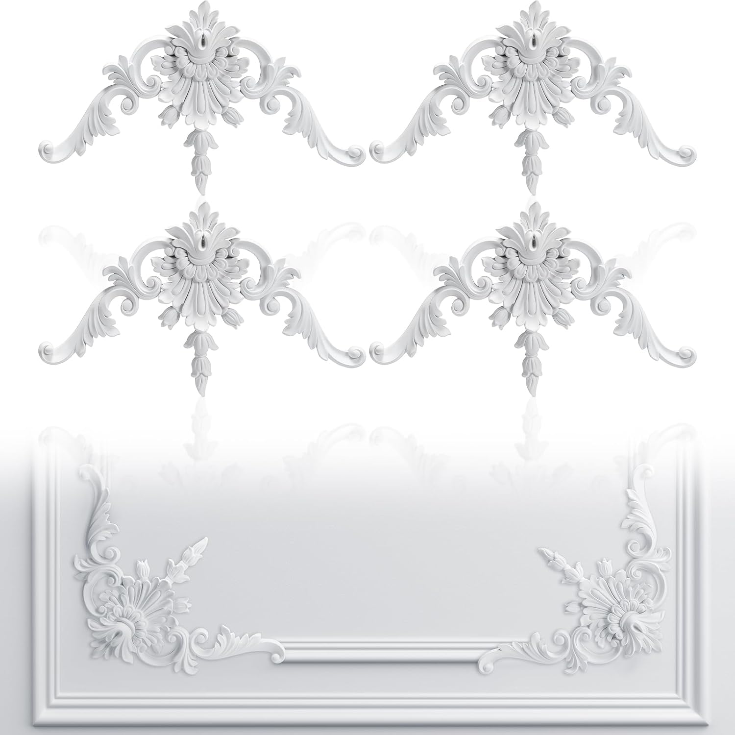 Pangda French Style Corner Wall Molding Panels, 4PCS Wainscoting Kit - Vintage Flora Trim for Walls, Cabinets & Frames, Easy DIY Decor