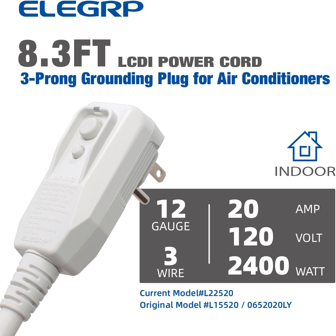 ELEGRP L22520 20Amp 2400W 12AWG LCDI Power Cord Plug for A/C Air Conditioner, E250451 UL Certified, 8.3FT Leakage Current Detection Interrupter Replacement, 120VAC 20Amp 2400W 60Hz NEMA 5-20P (1 Pack)
