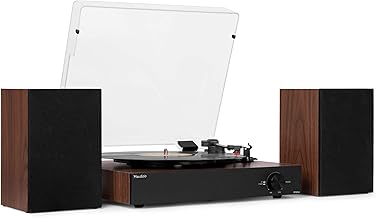 Audizio RP325W Vinyl Record Player with Speakers 60W, Bluetooth in/out, 3 Speeds, 7/10/12 inch Playback, Wood Design, Belt Drive and RCA Output for HiFi Systems – Brown