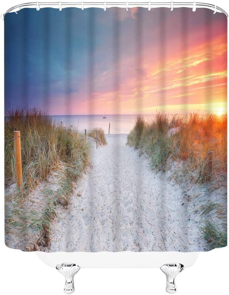 Ocean Sunset Shower Curtain Tropical Sea Beach Sunrise Costal Seaside Exotic Sky Peaceful Nature Scenery Bathroom Decor Fabric Curtain with Hooks