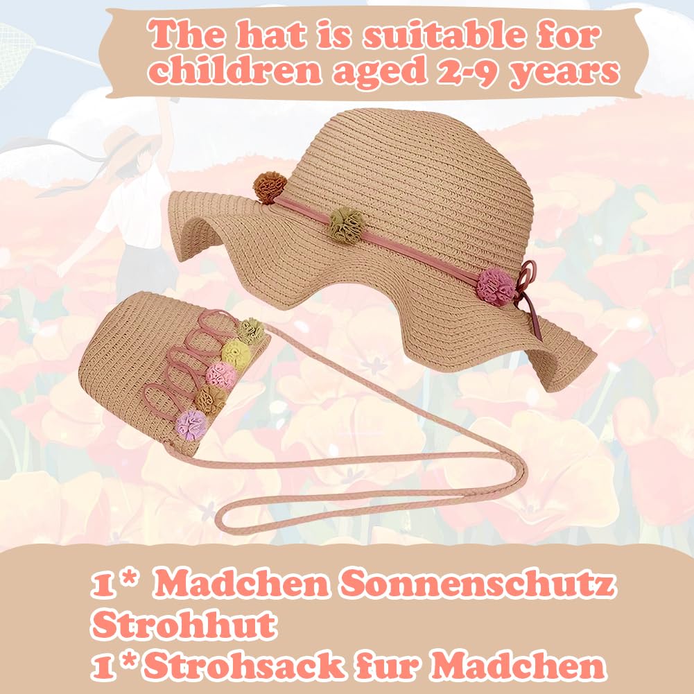 Cappello Da Spiaggia Estivo e Mini Di Borse Set,Cappello Da Sole In Paglia Bambino,Cappello Di Paglia Estivo Per Bambini a Tesa Larga Per I Bambini Turismo Vacanze Spiaggia Attività All'Aperto(Cachi)