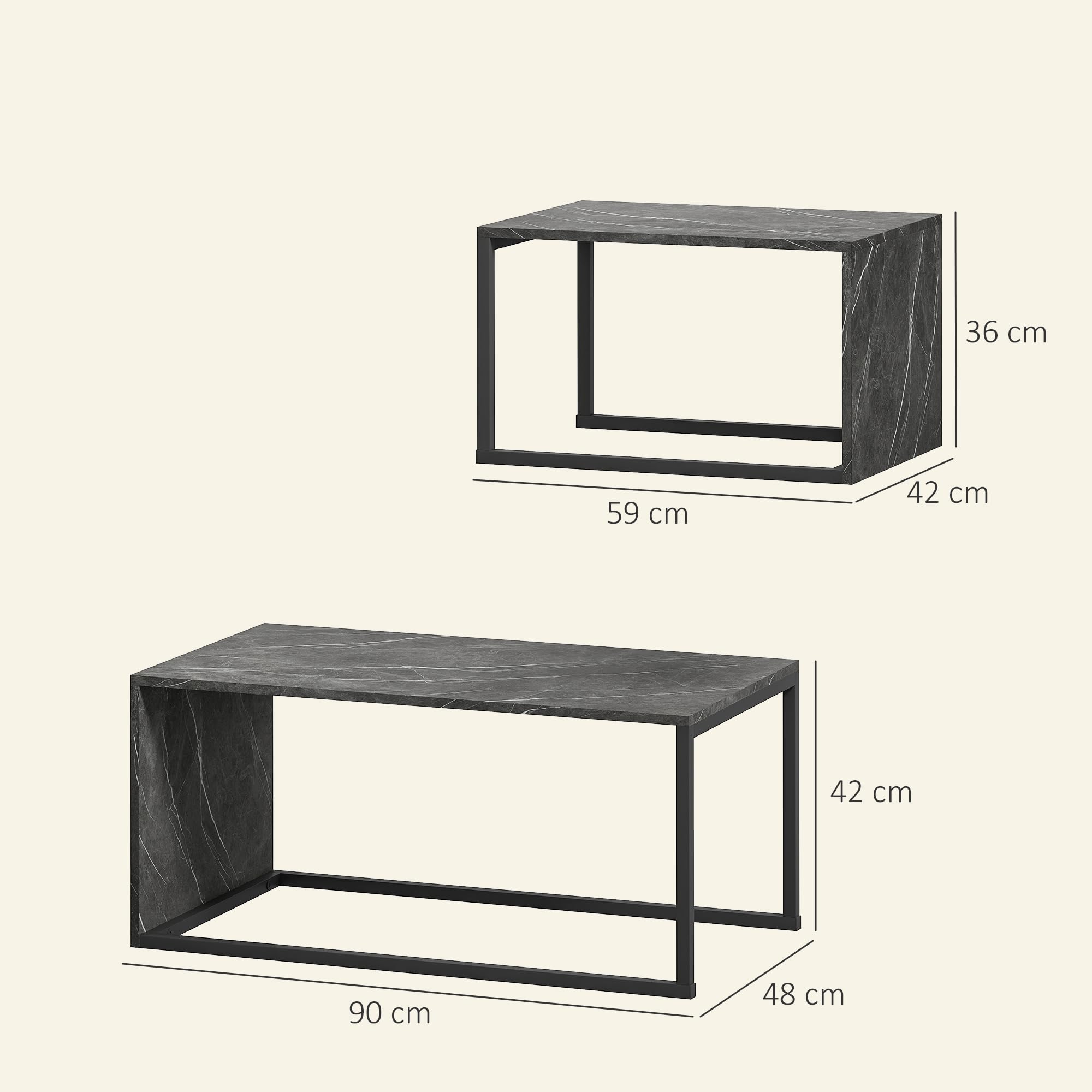 HOMCOM Lot de 2 Tables Basses gigognes Design Industriel encastrable dim. Grande Table 90L x 48l x 42H cm métal Noir Effet marbre Gris foncé