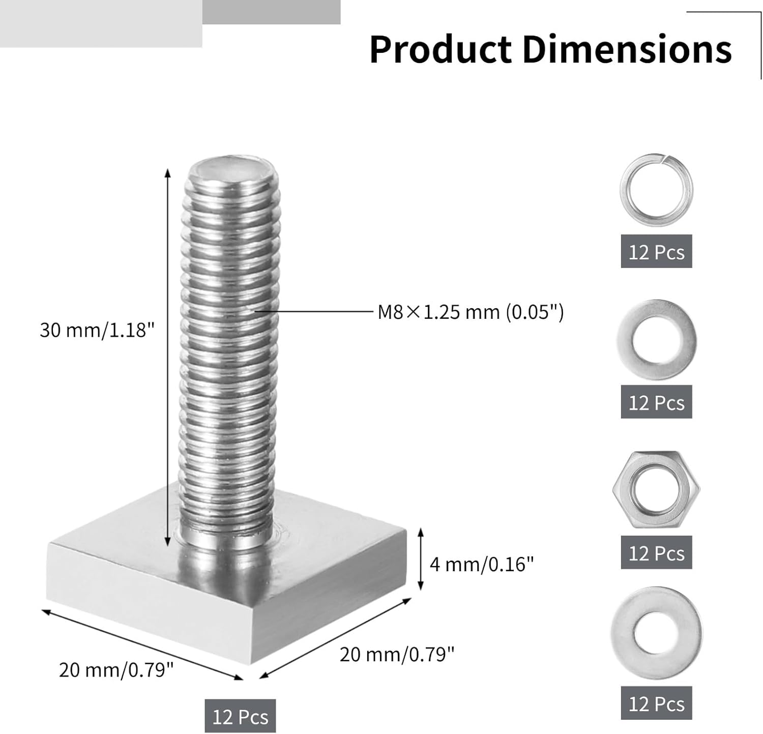 12 Pieces M8×30 Mm T-Bolts, Stainless Steel T-Slot Bolts With Washers & Nuts For Roof Rack Crossbars, And Kayak Rack Systems, Square Head T-Track Adapters