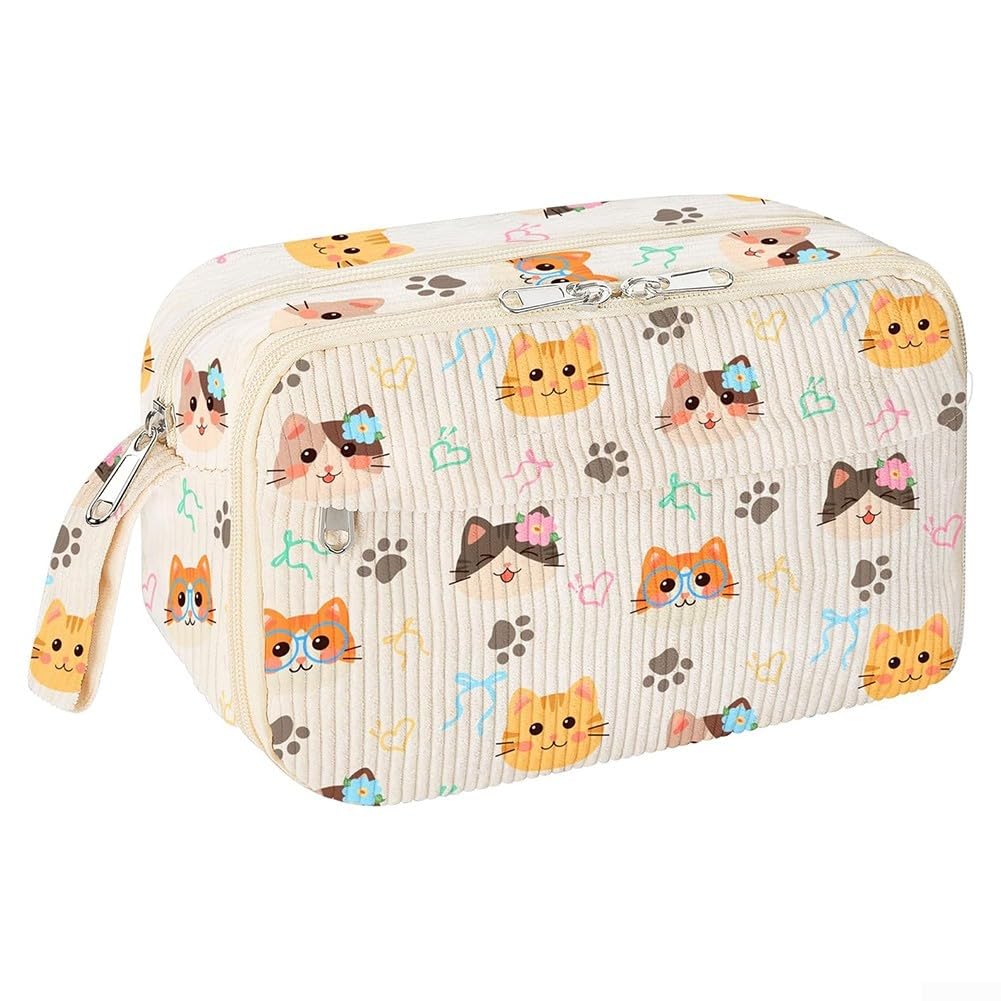 Corduroy Pencil Case Large Zippered Pouch for Teen Girls School Supplies, White Pen Holder as Makeup Cosmetic Bag and Art Project Storage(Cute kitten)