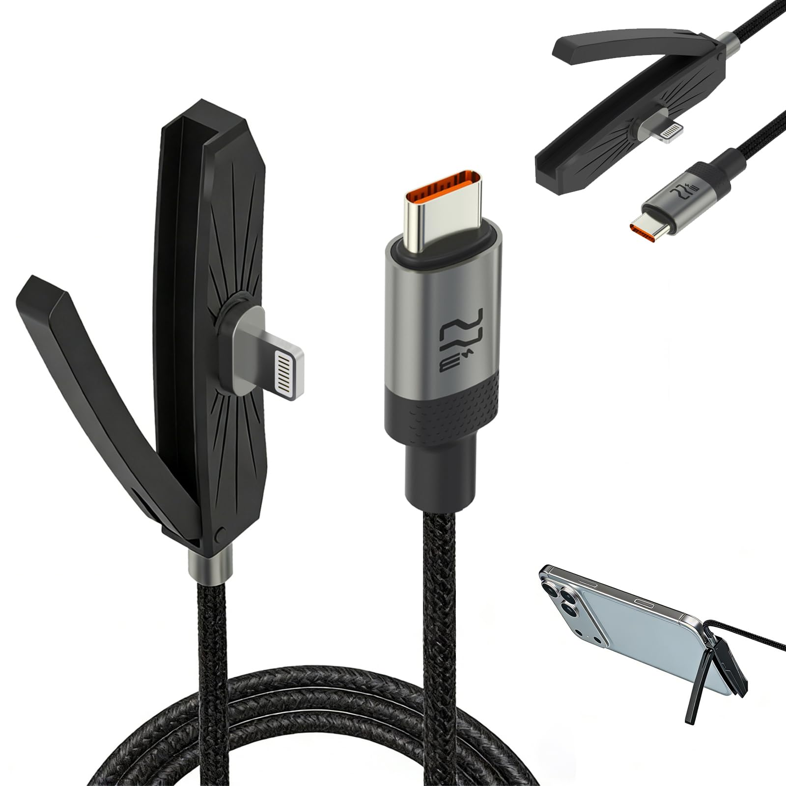 Caricatore invisibile 2in1 per telefono,2m Caricatore Telefono Laterale,27W Ricarica Rapida,cavo di ricarica rapida per giochi,ufficio e viaggi,cavo ricarica iphone compatibile con iPhone 14 e vecchia