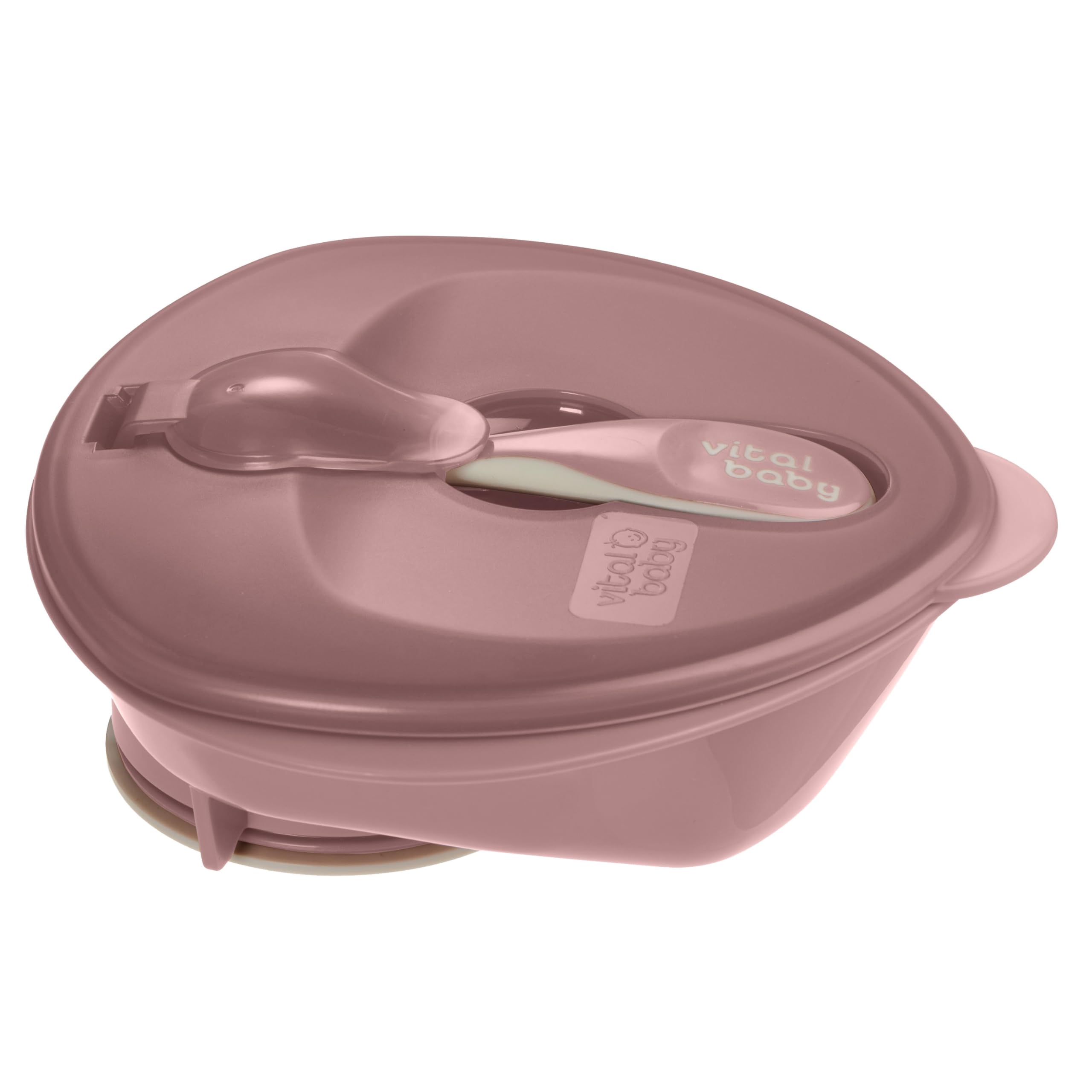 Vital Baby Nourish Power Suction Weaning Bowl with Lid and Spoon 6m+, Berry Pink, Strong Suction, Easy Scoop Sides, Leakproof Lid & Spoon, EarthSmart Biodegradable, BPA-Free
