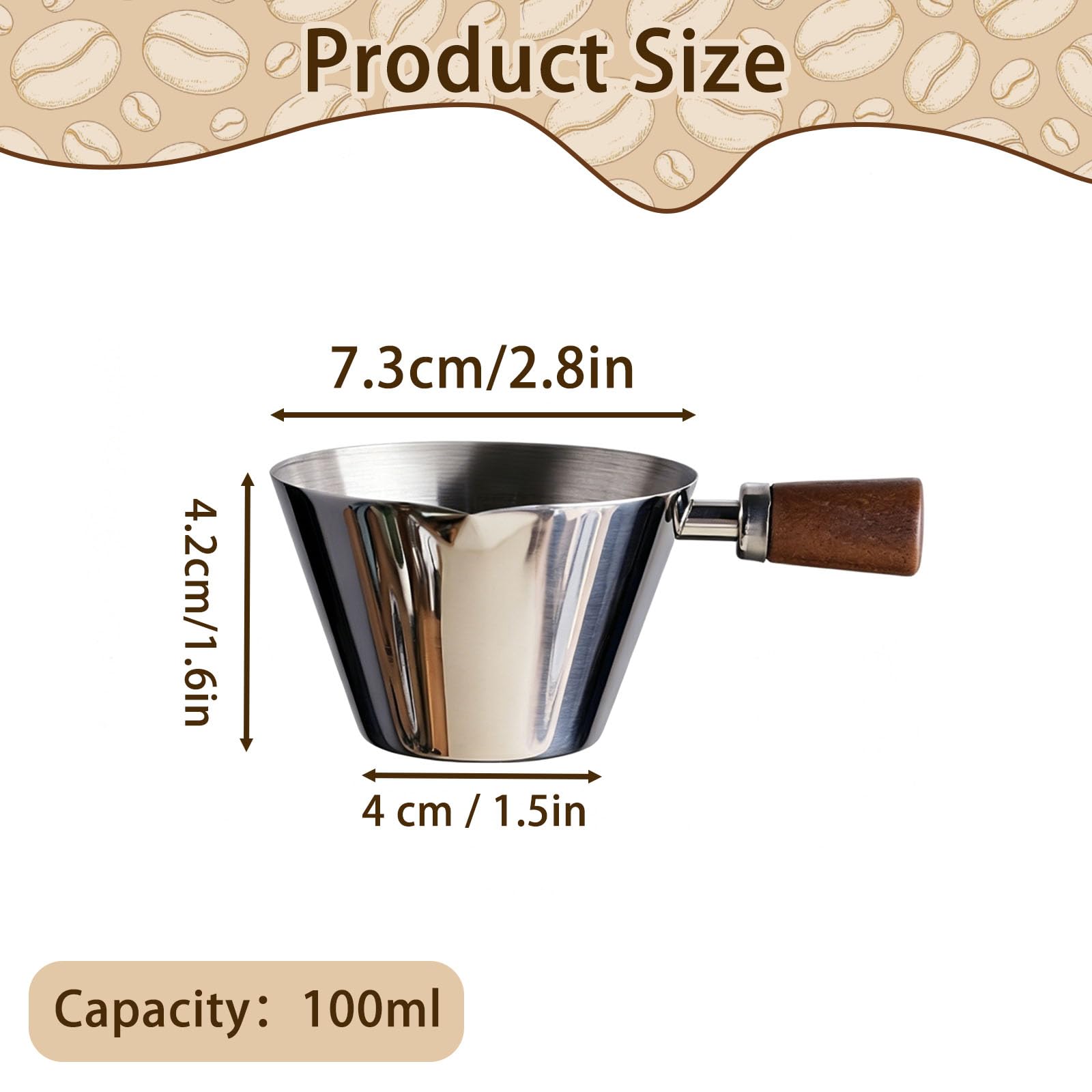 Espresso Messbecher, mit Holzgriff und Abgestufter Skala (Silver) | 100 Ml Messbecher Kaffee Edelstahl, Mit v-Förmigem Ausguss Genaue Flüssigkeitsportionskontrolle Kaffee, Desserts, Cocktails