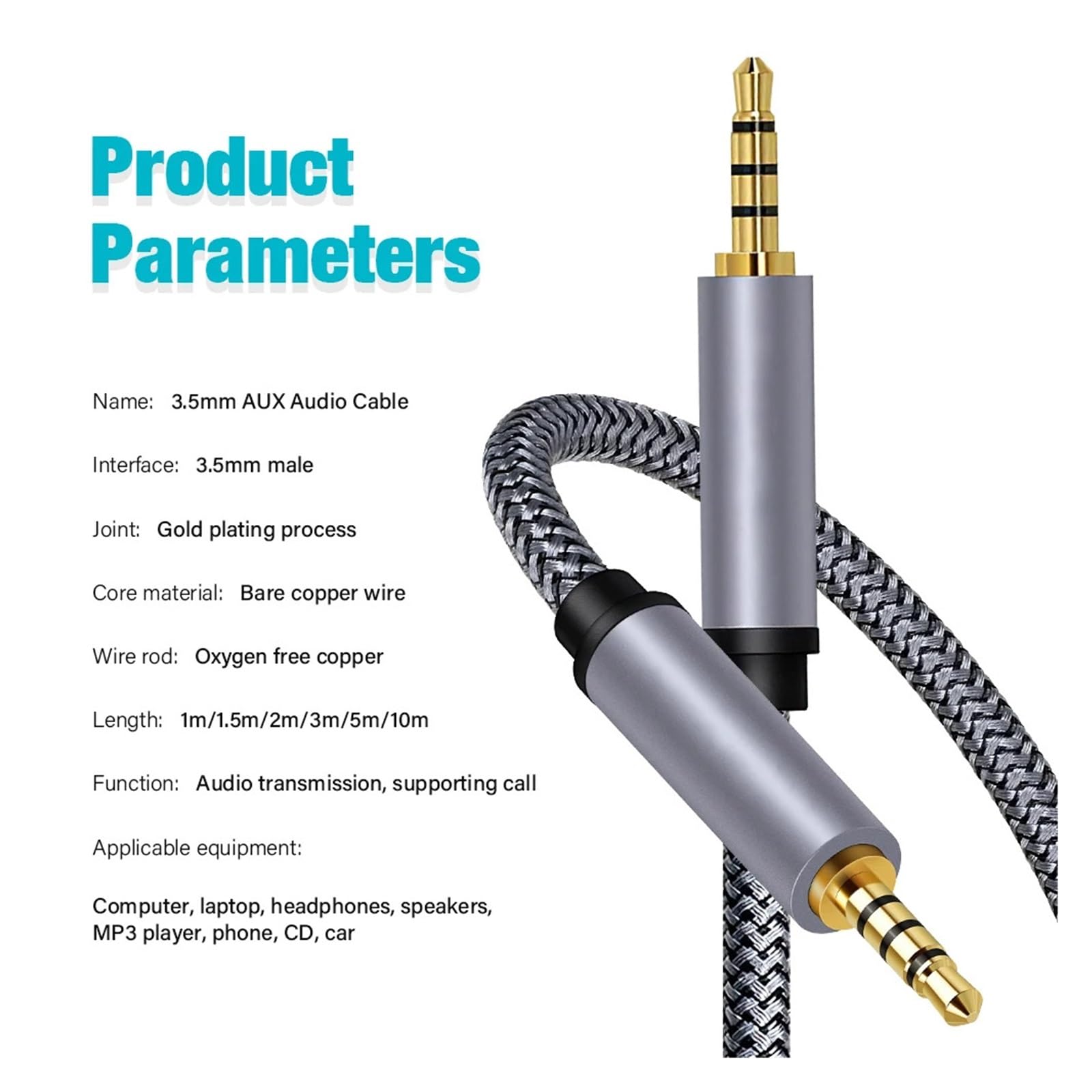 24K złoto 3.5mm do 3.5 Mm TRRS Jack kabel Aux do słuchawek samochodowych radio hifi złącze audio przewód długi 2m 3m 5m 10m(10m)