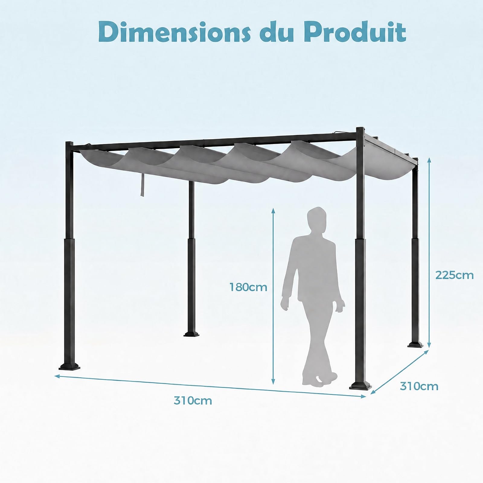 RELAX4LIFE Pergola Jardin Exterieur, Pergola 3x3 M avec Auvent Rétractable, Colonnes Métalliques, Toit en Polyester Hydrofuge, Protection UV, Tonnelle pour Jardin Cour Terrasse (Gris)