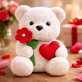 Wu Bichos de Pelúcia Urso Lovezinho, Pelúcia Macia, 22cm, Branco com Flor e Coração Vermelho, Presente Romântico