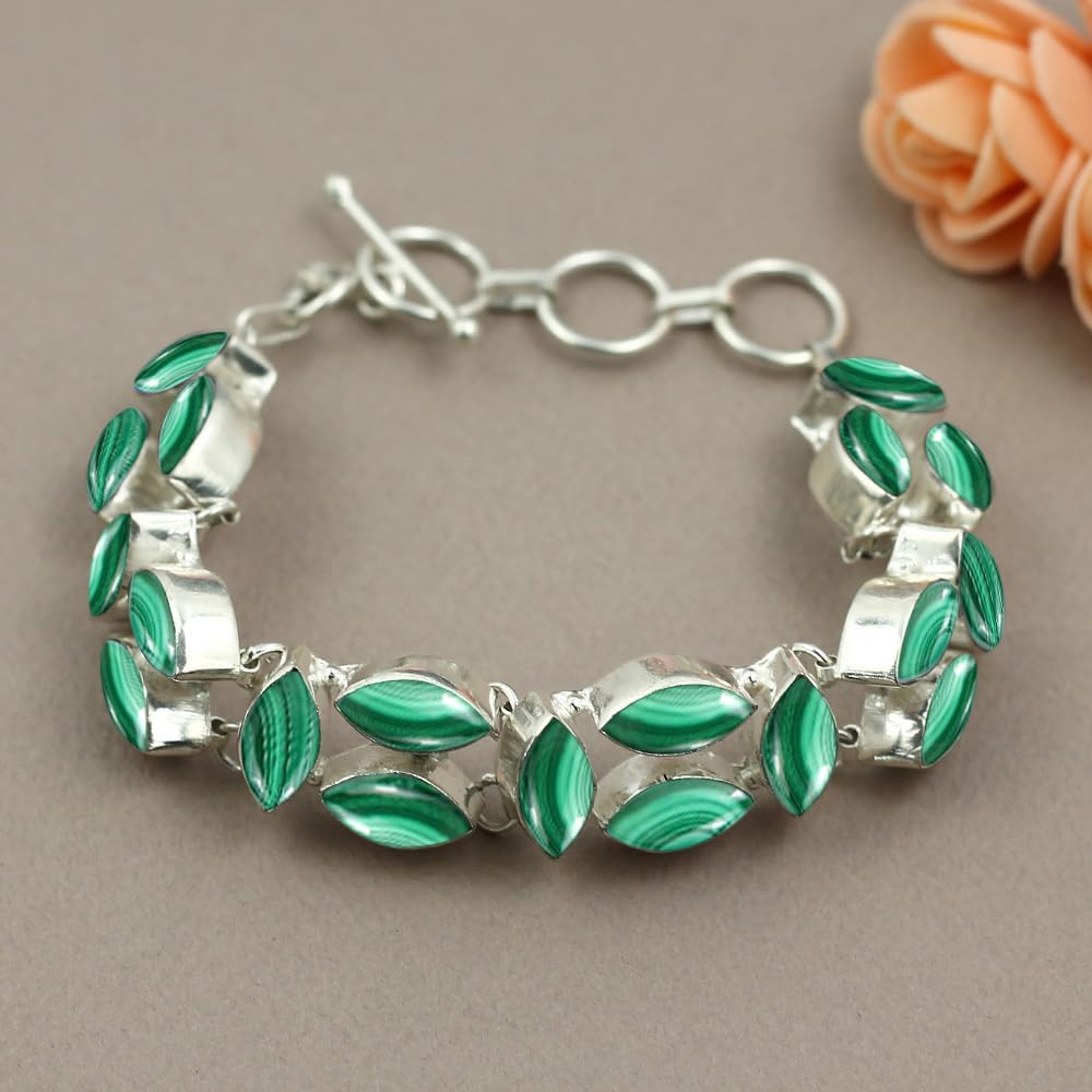 Natural Malachite 925 Silver Overlay Handmade Bracelet for Women - Green Stone April Birthstone Statement Adjustable Link Bracelet Jewelry Gifts for Mom Wife Sister Love - Image 4