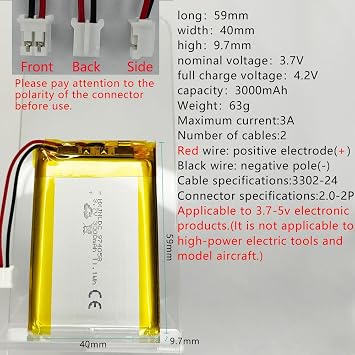 DC 3.7V 3000mAh 974058 Rechargeable Lithium Polymer Replacement Battery for DIY 3.7-5V Electronic Products with Built-in 2-Wire Battery Replacement, Mobile Energy Storage Power Supply
