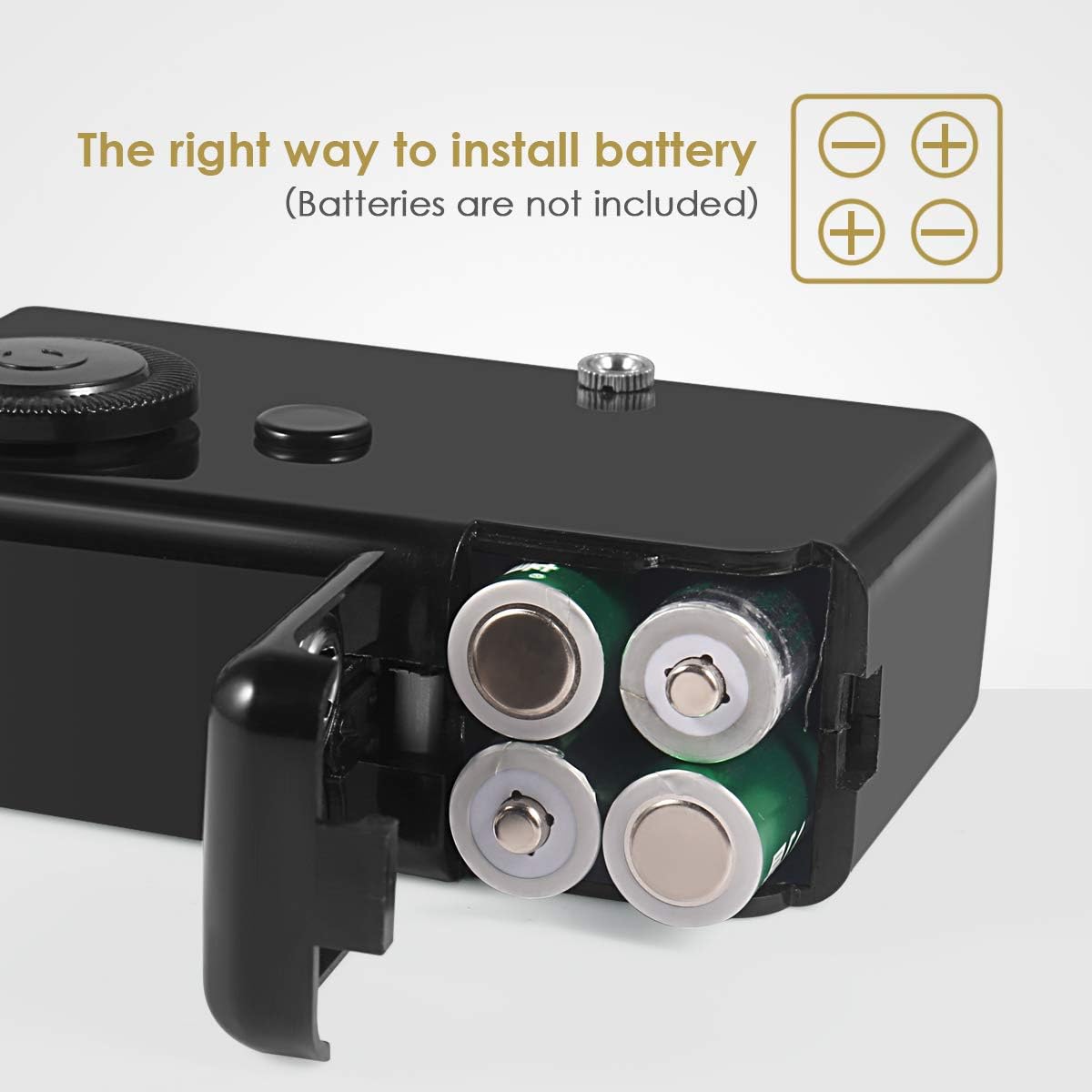 Image showing the correct way to install AA batteries into the handheld sewing machine