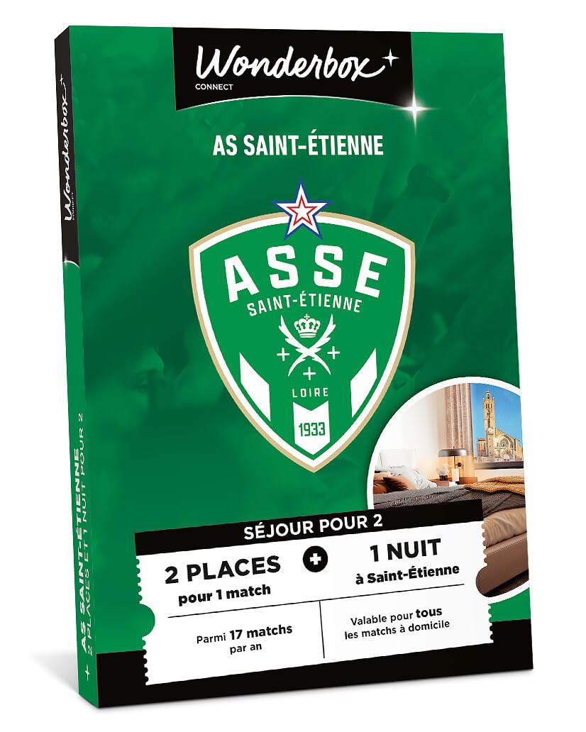 Wonderbox Connect - Coffret Cadeau - AS Saint Etienne - Séjour en duo - 2 places pour 1 match au choix - 1 nuit pour 2 dans un hôtel à proximité - Validité 27 mois