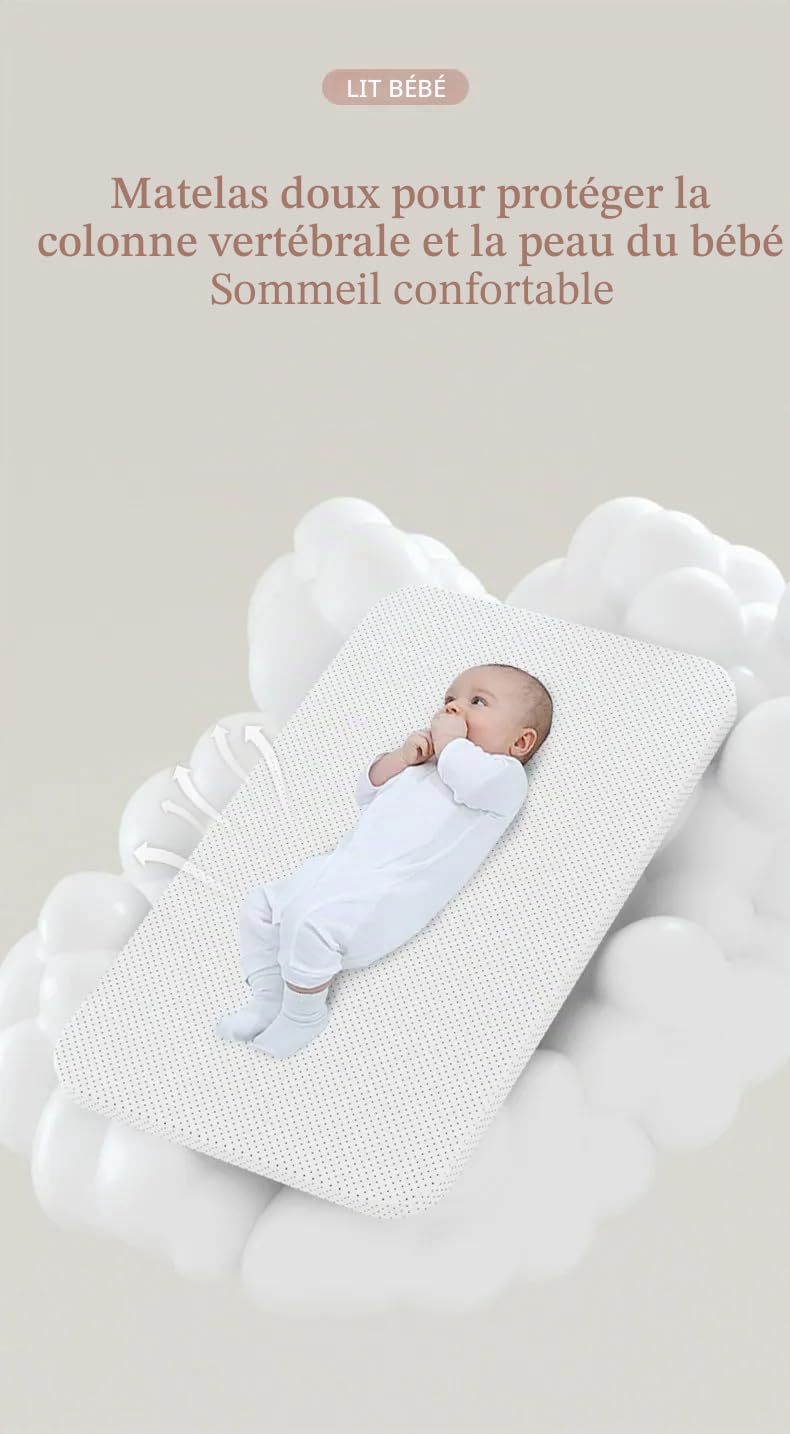 Berceau à bascule automatique 3 en 1 avec lit de côté pour nouveau-né de 0 à 1 an, berceau intelligent avec musique blanche, matelas, moustiquaire et sac de rangement (GRIS CLAIR)