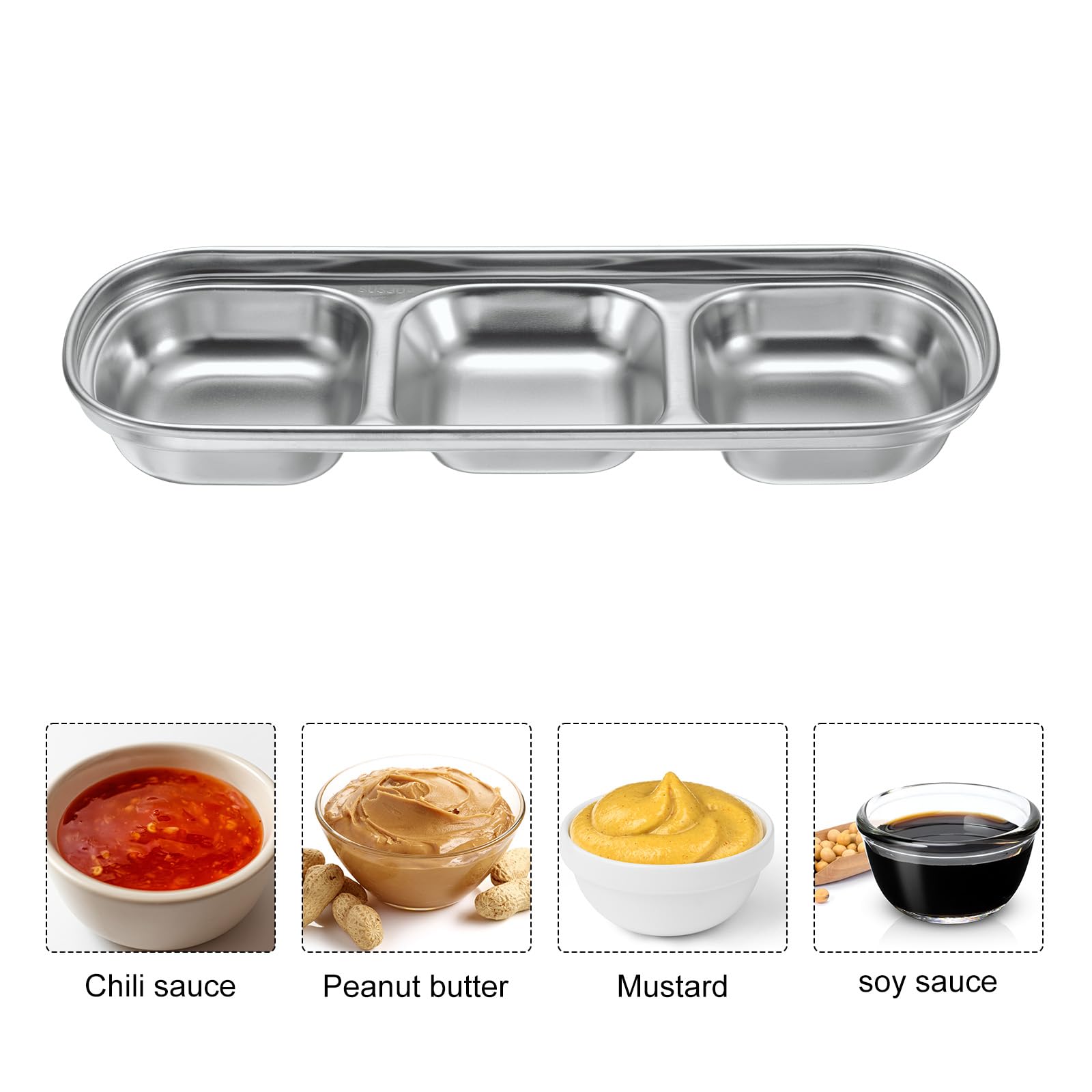 Sourcing Map 6 Pack Stainless Steel Dish Dipping Bowls With 3 Round Compartment Divided, Metal Seasoning Plate Dipping Bowl For Condiment Home Party Restaurant Picnic Travel, Silver