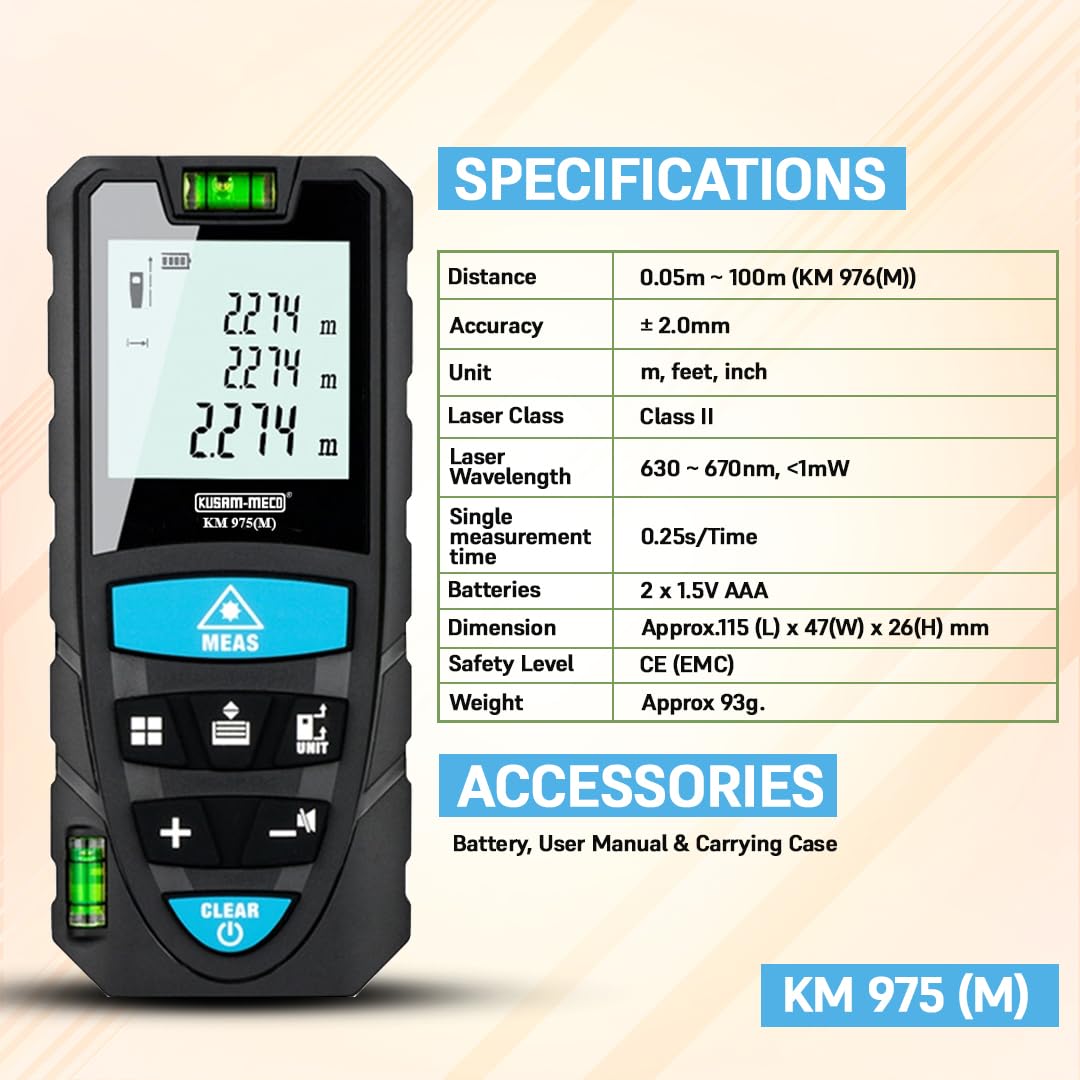 KUSAM-MECO 975 (M) Laser Distance Meter 0.05m to 50m Range, Lightweight Design, Angle Measurement| Auto Power Off|Easy to Operate| 1 Year Warranty 2